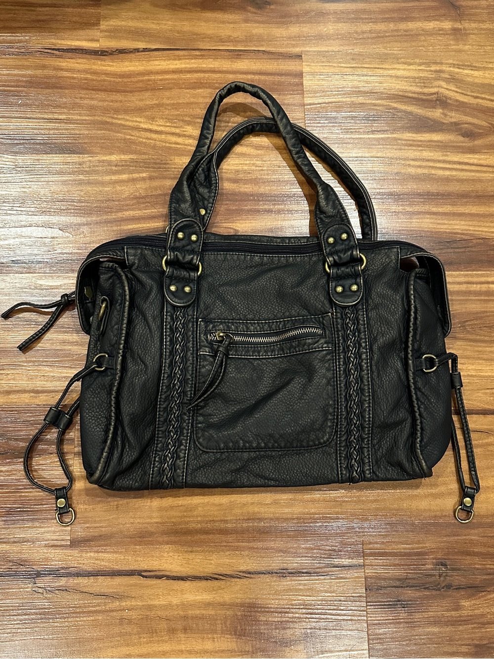 Black Leather Shoulder Bag with Gold Hardware